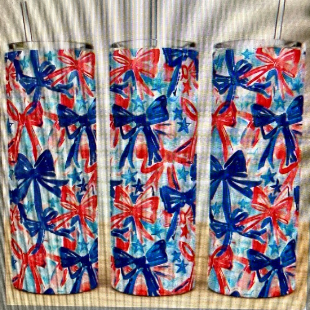 Hand Crafted July 4th Bow Pattern 20 oz skinny Tumbler - Red, White & Blue